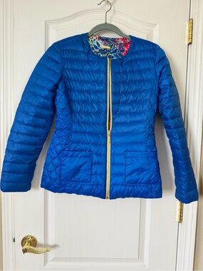 Lilly Pulitzer Lilah Reversible Down Jacket Blue Floral Print Gold Zip Small